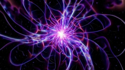 Fototapete - Abstract glowing purple and blue lines radiating from a bright center against dark background, cosmic energy burst concept