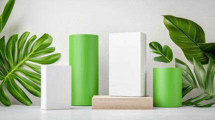 Aufkleber - Minimalist Product Display with Green Cylinders White Cubes and Tropical Leaves for Cosmetic Showcase