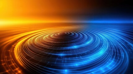 Aufkleber - Abstract concentric circles of light forming a vortex with vibrant orange and blue hues creating an ethereal and futuristic atmosphere for technology