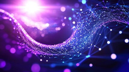 Poster - Abstract network connection structure with glowing nodes and lines on a dark purple and blue background for technology concept