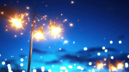 Aufkleber - Enchanting Nightscape with Glowing Street Lamps Sparkling Stars and Dreamy Bokeh Against a Deep Blue Sky Radiating Warmth and Serenity