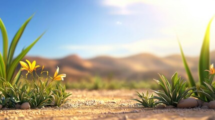 Poster - Serene Desert Landscape with Vibrant Yellow Flowers and Lush Greenery Under a Bright Sunny Sky