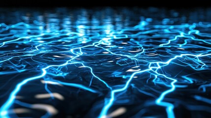 Poster - Electric Blue Lightning Strikes Across Dark Water Surface Creates a Dynamic and Energetic Visual Display for Science and Technology Concepts