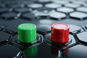 Fototapete - Green and Red Buttons on a Hexagonal Grid Symbolizing Choice Decision and Technology with a Futuristic and Modern Style and a High Angle View