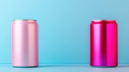 Aufkleber - Two Metallic Cans in Pink and Magenta on a Light Blue Background Minimalist Product Still Life Photography Refreshment and Modern Design for Beverage Advertising