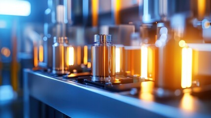 Aufkleber - Automated production line with metal containers in a factory industrial setting futuristic technology and manufacturing process with blue and orange color scheme