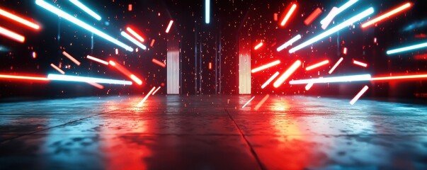 Poster - Futuristic Cyberpunk Hallway with Neon Lights and Reflections Creating a Dynamic and Immersive Experience for the Viewer