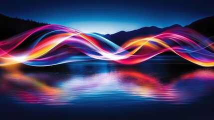 Poster - Vibrant luminous waves reflecting on serene water against a backdrop of distant mountains creating a captivating and dynamic abstract landscape