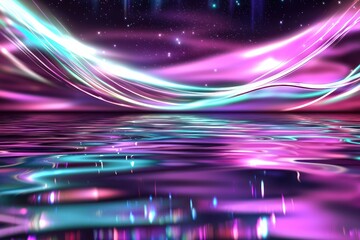 Fototapete - Ethereal horizon with luminous waves and starry sky reflecting in serene water creating a dreamlike atmosphere with vibrant colors