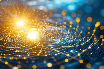 Leinwandbilder - Abstract luminous spiral of golden light on dark blue background creating a futuristic and dynamic visual effect with bokeh