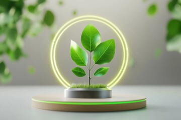 Aufkleber - Vibrant green sprout in glowing circle on platform symbolizing growth sustainability and environmental awareness in a modern minimalist style