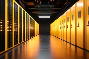 Fototapete - Server room with yellow and black racks providing data storage and processing in a secure environment with modern lighting