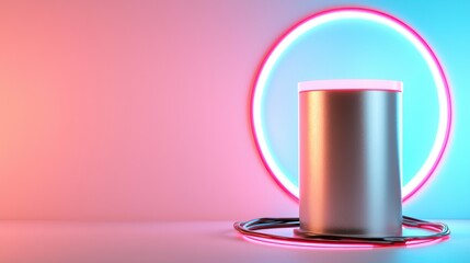 Aufkleber - Minimalist cylinder podium with neon circle backdrop in vibrant pink and blue gradient studio setting for product display