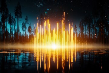 Poster - Ethereal forest landscape with glowing light pillars reflecting on water under a starry night sky serene nature scene mystical woodland scene