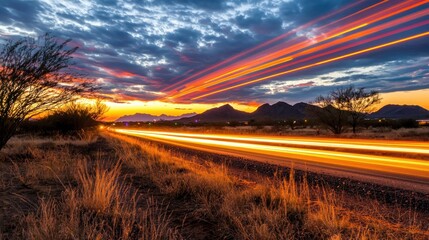 Poster - Dramatic sunset over desert landscape with light trails of passing cars creating dynamic motion blur and vibrant colors in twilight