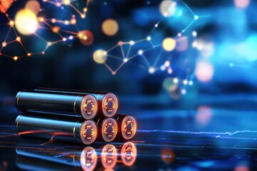 Poster - Innovative energy storage solution showcasing advanced battery technology with interconnected network background and futuristic design