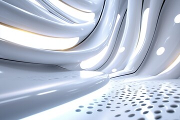 Aufkleber - Abstract white futuristic interior design with curved lines and perforated surface modern architecture and bright light creative concept