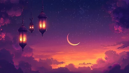 Poster - Ornate Lanterns Glow Under a Crescent Moon and Starry Night Sky