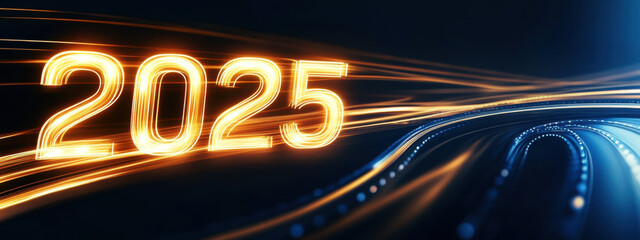 Wall Mural - 2025 glowing numbers on dark background with light trails, symbolizing future and progress. vibrant 