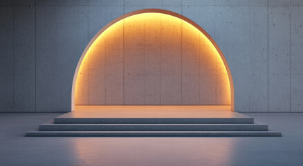 Poster - modern concrete interior featuring curved wall with warm lighting, creating serene atmosphere. minimalist design emphasizes simplicity and elegance, perfect for various artistic displays