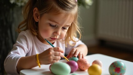 Cute small girl painting Easter eggs at home. Child enjoys creative holiday activity. Festive decorations and pastel colors create warm, joyful atmosphere. Hand made decoration