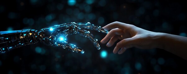 A futuristic machine learning concept with a robot hand and a human hand about to touch, set against a hightech digital background symbolizing AI collaboration
