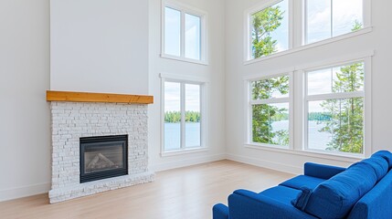 Wall Mural - Cozy Modern Living Room with Large Windows Overlooking Scenic Lake and Green Trees