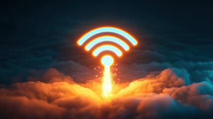 Wall Mural - luminous wi fi symbol launching into sky, surrounded by vibrant clouds, symbolizes connectivity and 