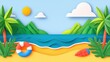 © Suryani - Colorful Paper Cutout Beach Scene with Sun, Mountains, Palm Trees, and Ocean Waves