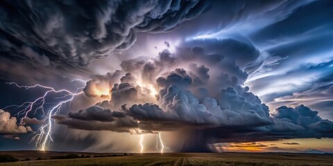 Canvas Print - Majestic Supercell Thunderstorm with Dramatic Lightning Strikes Across a Vast Expanse of Golden Fields at Sunset