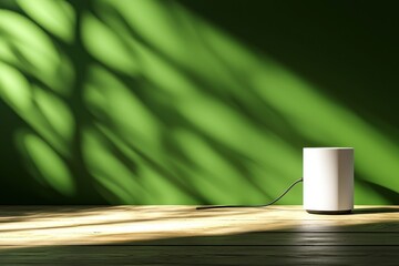 Wall Mural - Minimalist white speaker on wooden surface against green wall with leaf shadows creating a serene ambiance for audio enjoyment