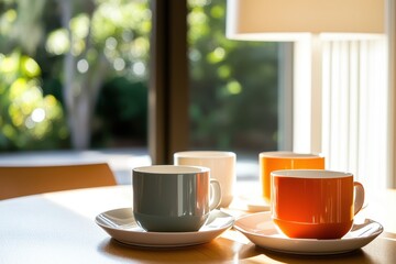 Wall Mural - Serene Morning Still Life with Colorful Ceramic Coffee Cups on Wooden Table in Natural Light