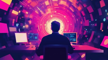Programmer Working Amidst Vibrant Digital Data Streams