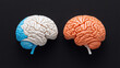 © Oranuch - The image features two stylized brain models in contrasting colors: one blue and one orange, set against a black background.