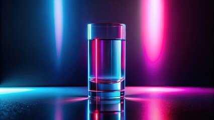 Canvas Print - A single glass of liquid illuminated by vibrant neon lighting, reflecting on a sleek surface.