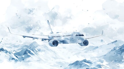 Wall Mural - Airplane Flying Over Snowy Mountains - Watercolor Style.