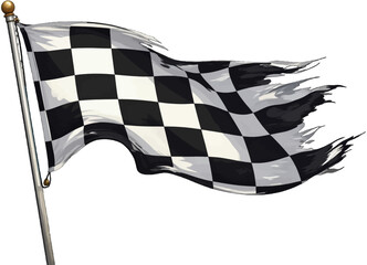 tattered black and white checkered racing flag waving