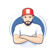 Bearded man with red cap and crossed arms cartoon avatar