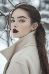 Wall Mural - A beautiful woman with long hair in an elegant ponytail and dark lipstick, wearing winter and walking through the snow-covered forest