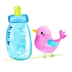 Wall Mural - Watercolor Illustration of a Baby Bottle and a Cute Bird.