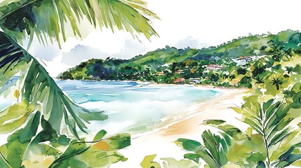 Wall Mural - Serene Tropical Beach Watercolor Painting.