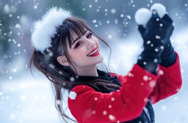 Wall Mural - a smiling woman in a red scarf and black jacket with a fur hood, with snow falling outside, making a big, fluffy snow angel, looking up at the camera