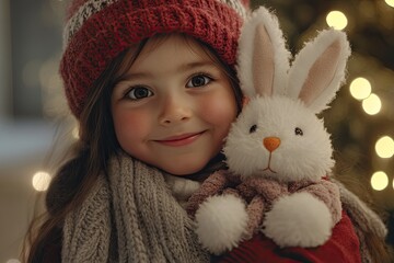 Wall Mural - A young girl in winter attire holds a bunny puppet, with a Christmas tree and twinkling lights in the background