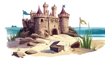 Wall Mural - Enchanting Coastal Castle with Treasure Chest Fantasy Illustration.