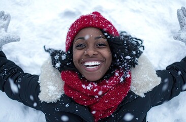 Wall Mural - a happy woman in red winter . She is playing with snow and throwing it up towards the camera, wearing woolen gloves.