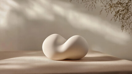 A modern abstract sculpture with a puffy, cloud-like structure, appearing weightless in a serene