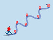 © TA design - Roadmap journey step planning ,businessman running on milestone location pin on business roadmap.project milestone or business journey achievement, workflow or process timeline to success