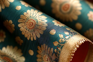 Canvas Print - Intricate floral patterned fabric with golden accents, showcasing craftsmanship and elegance