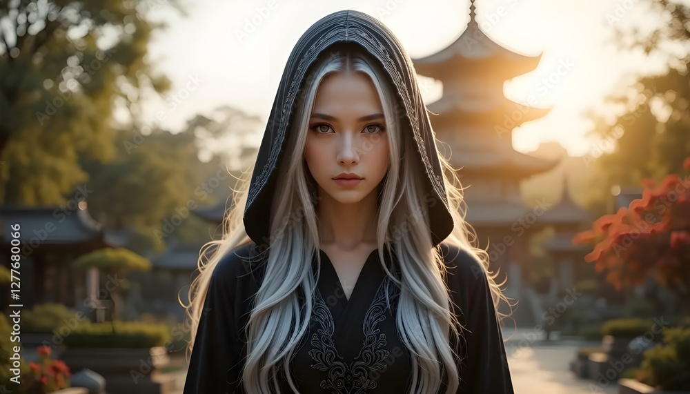 Knight Asia An Asian woman knight with white hair her hood, standing in a ...
