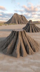 Wall Mural - Three sand volcanoes rise from a desert landscape, with a dramatic sky in the background, showcasing unique geological formations. dynamic dimensions depth angles